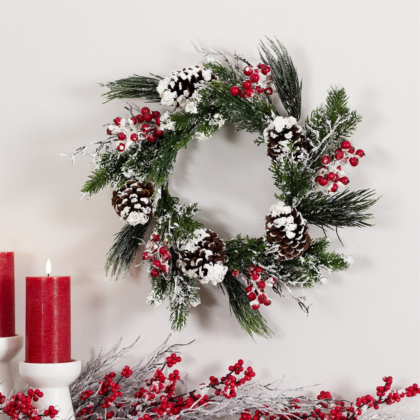Snow-frosted mixed pine and berry wreath, 20″ diameter with pinecones and berries for festive holiday decoration