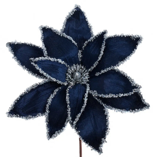 14-inch blue velvet flower pick with silver sequin accents and flexible wire stem