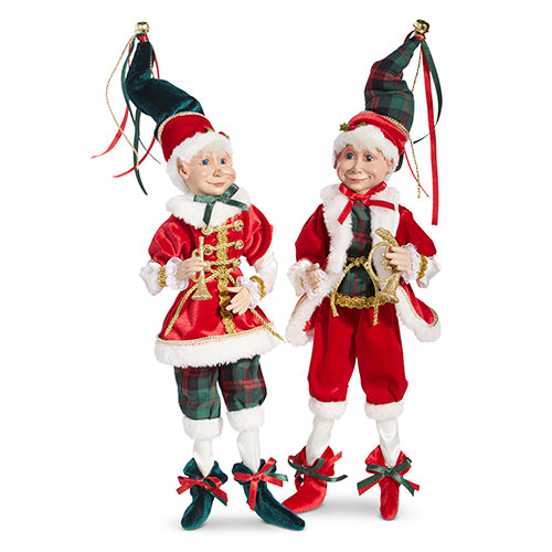 16 inch posable Christmas elf decoration with adjustable limbs wearing traditional red and green holiday outfit at RRO Home