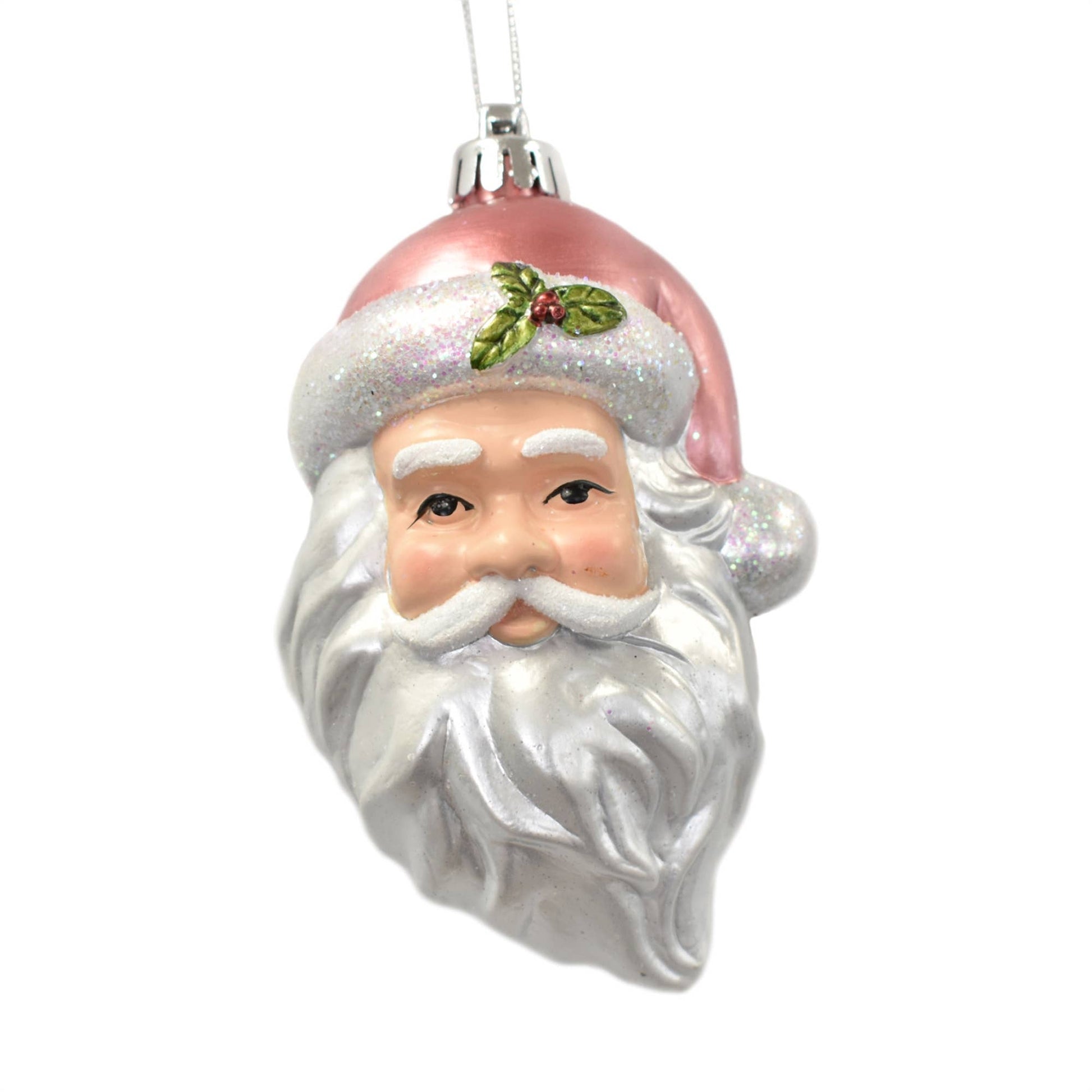 A 5-inch whimsical Santa ornament from the David Christopher collection with a red and white striped candy-themed hat and coat.