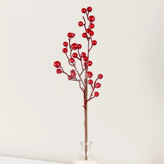 17-inch red berry stem with frosted, icy finish for winter holiday decoration