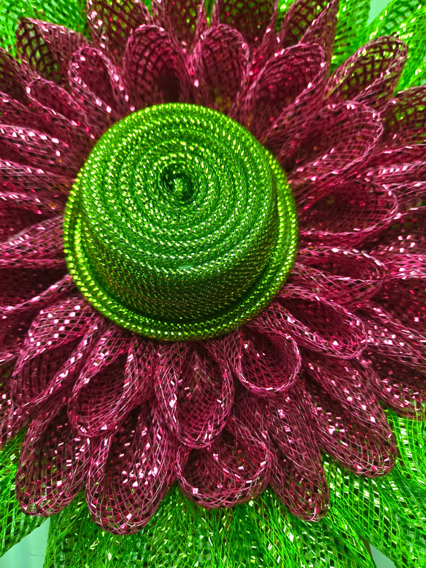 12″ Grinch-inspired flower wreath in hot pink and lime green—handcrafted mesh bloom design