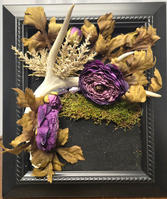Three-point deer antler art mounted on black frame with purple flowers, brown leaves, and moss—ideal for wall or table display