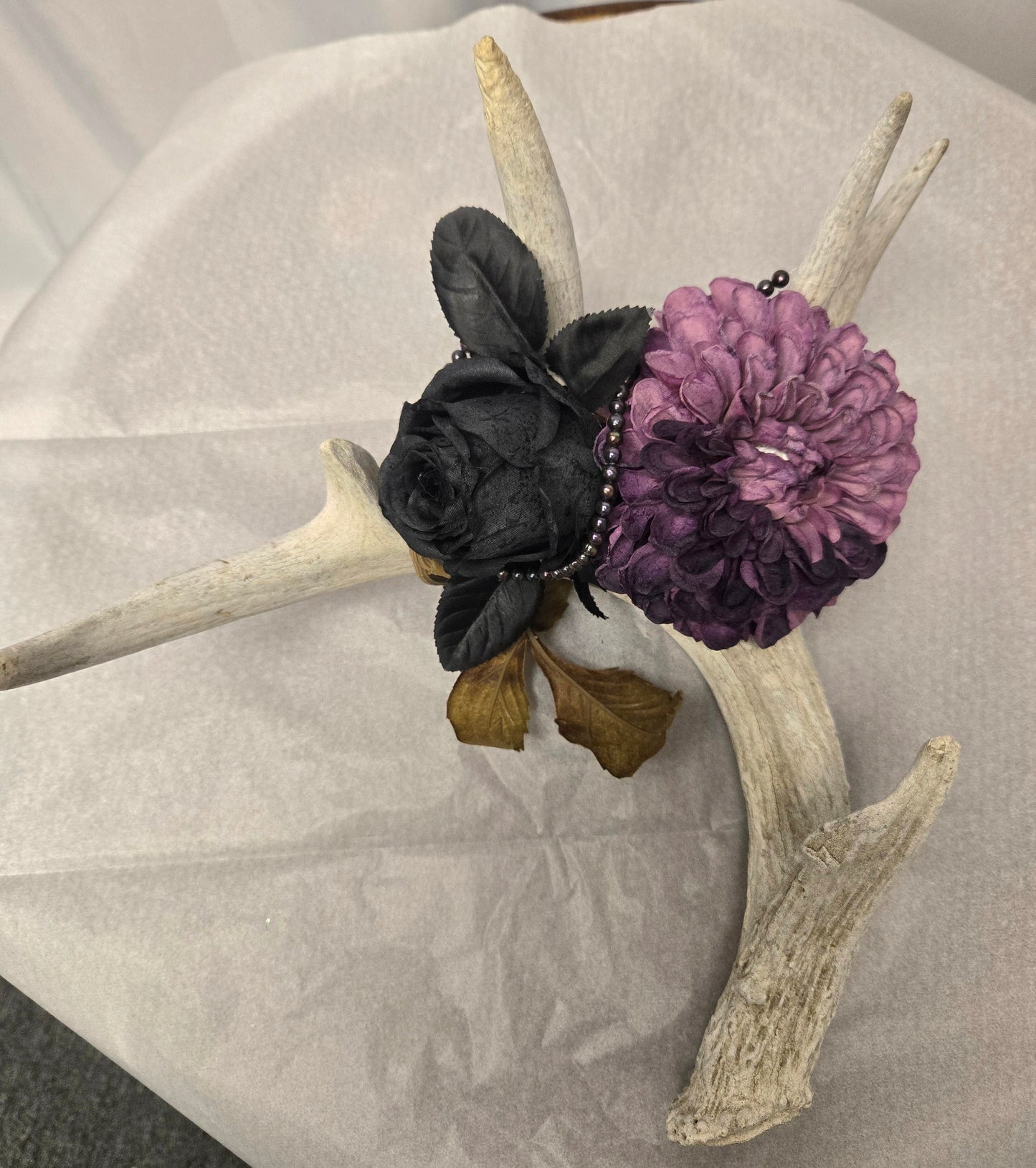 5-Point White-Tail Deer Antler Art | Rustic Black & Purple Decor, 13"