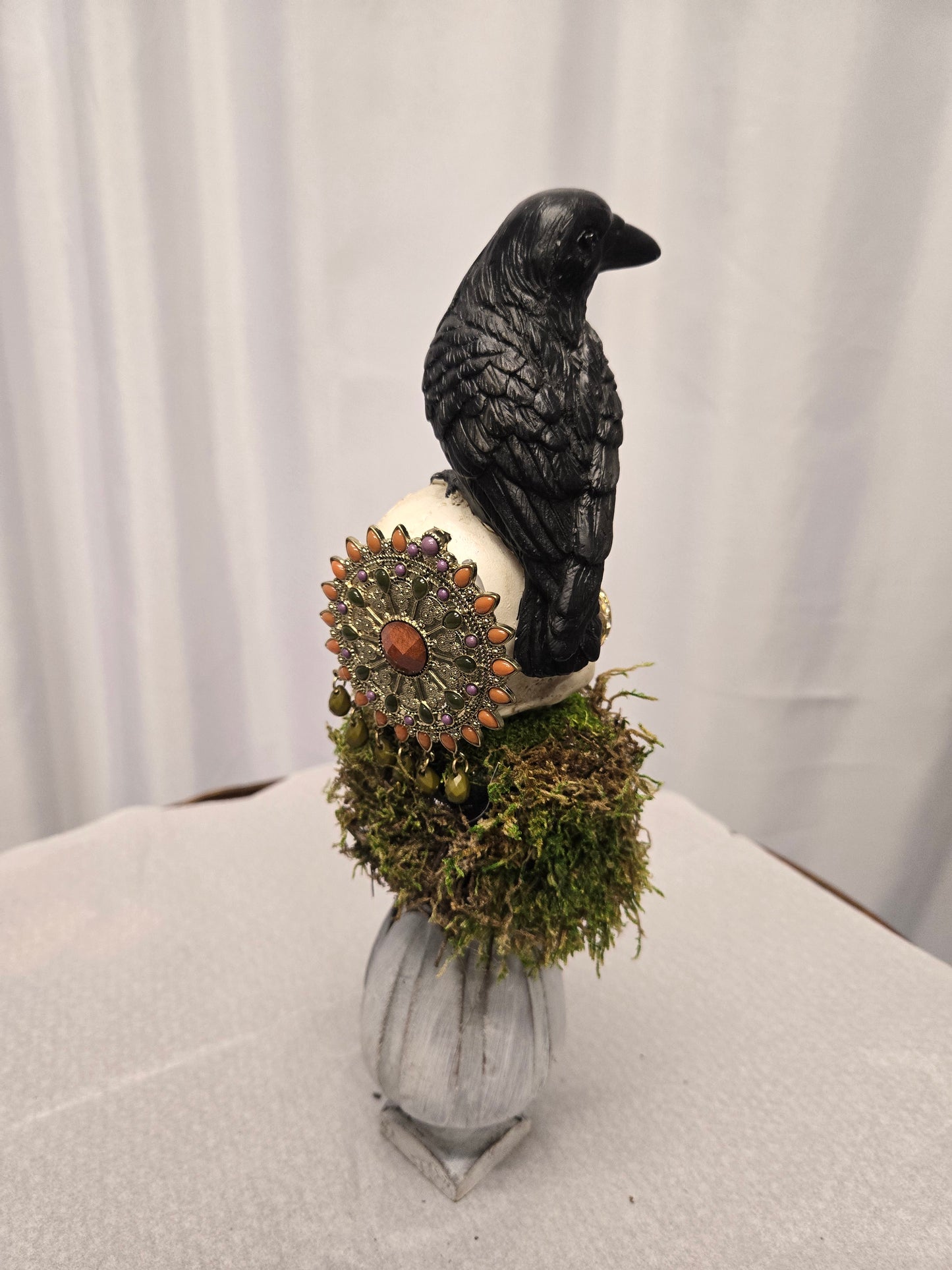 Gothic Inspired Skull & Raven Art, Black, Green & White, 13"