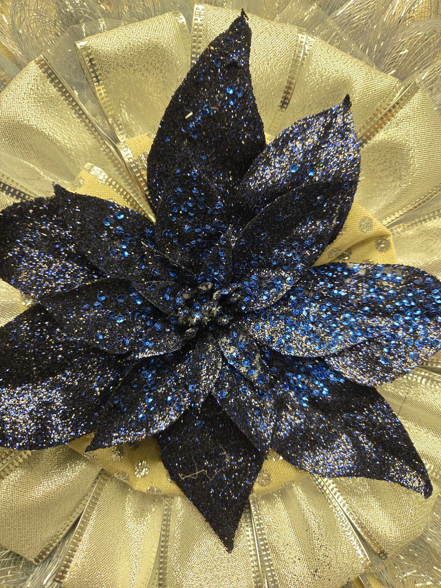 12″ handcrafted holiday wreath in blue, beige, and silver tones — rustic farmhouse style decor