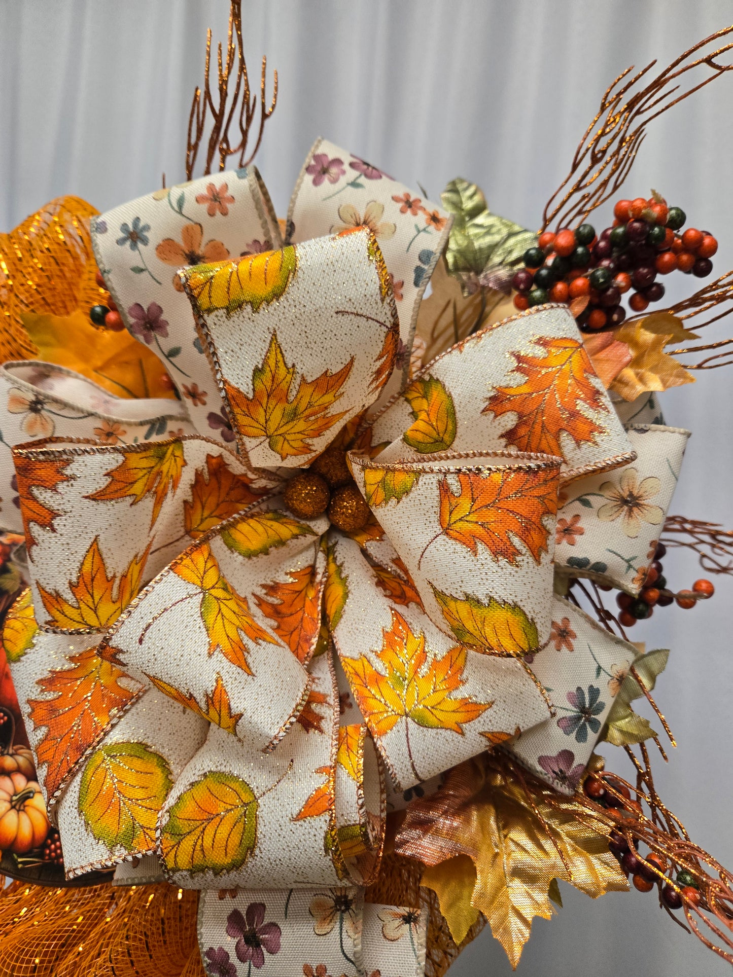 16″ fall wreath with orange ribbon, burlap textures, and realistic pumpkin accents