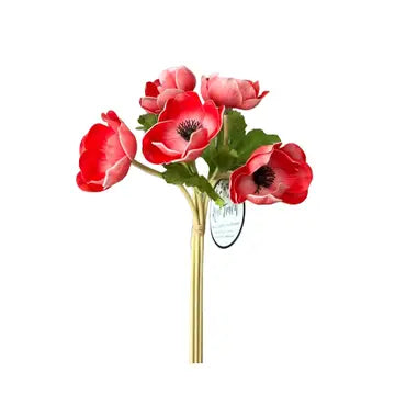 12 inch real touch anemone bundle with 5 reddish pink stems tied with raffia for wedding bouquets and spring arrangements