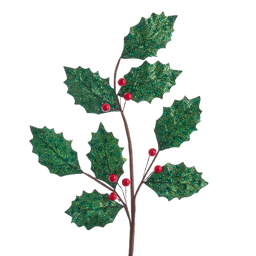 22-inch glitter holly leaf spray with vibrant red berries on a flexible wire stem