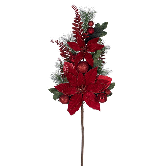 28-inch red poinsettia decorated spray with lush blooms and seasonal accents for holiday décor