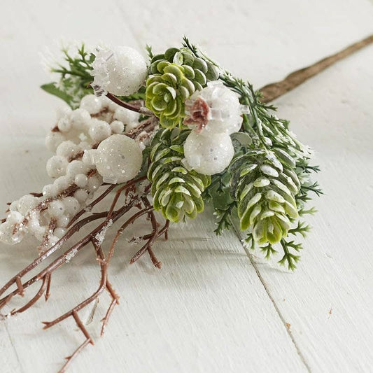 11 inch frosted winter berry pick with snowy cedar greenery berries and glitter for Christmas and winter decorating at RRO Home