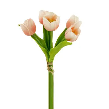 Bundle of five peach coral Real Touch tulip stems with open blooms for spring arrangements