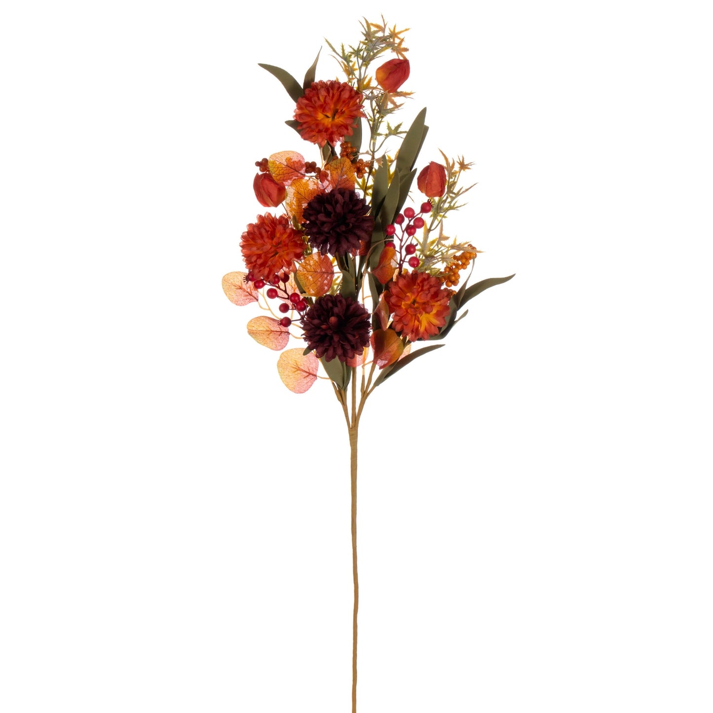 31-inch spray with mixed orange and burgundy mums, Chinese lanterns, and berries