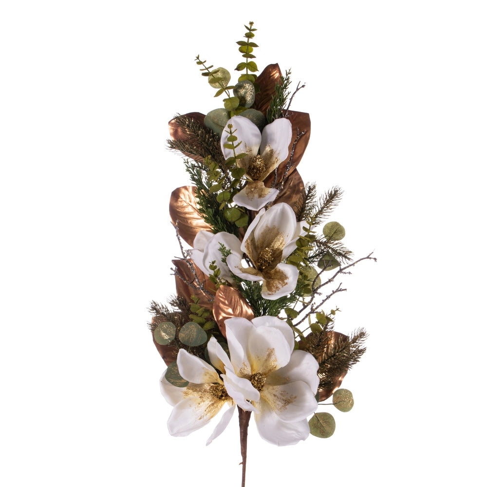 33-inch white and gold magnolia swag with realistic magnolia blooms and festive accents
