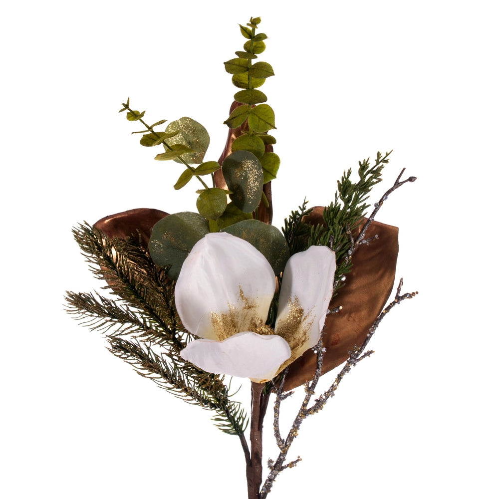 33-inch white and gold magnolia swag with realistic magnolia blooms and festive accents