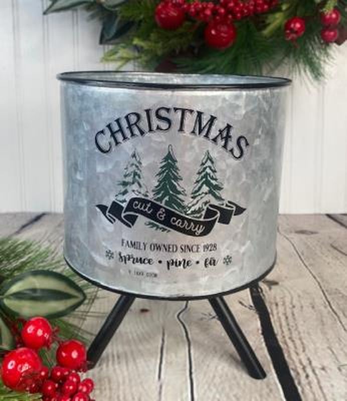 Christmas cut & carry container on stand, holiday tree base for carrying and displaying greenery
