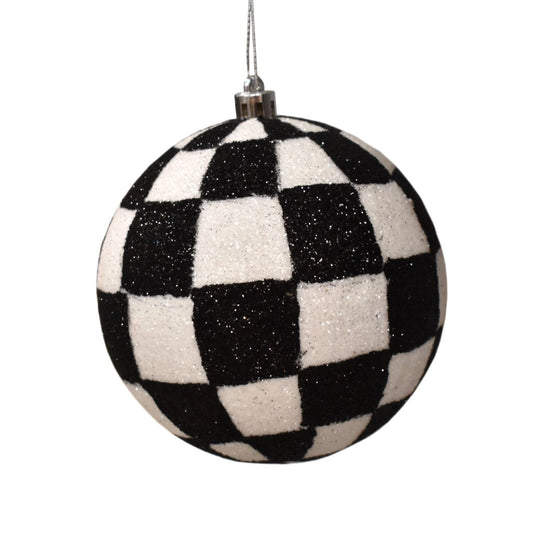 4-inch black and white checkered glitter ball ornament with bold pattern