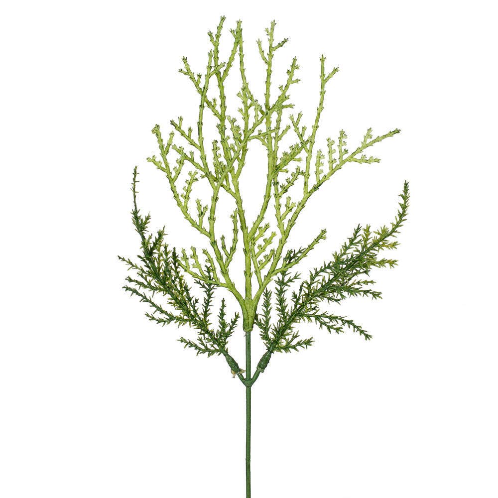 Close-up view of weatherproof cypress pine pick showing detailed artificial pine needles and natural green coloring