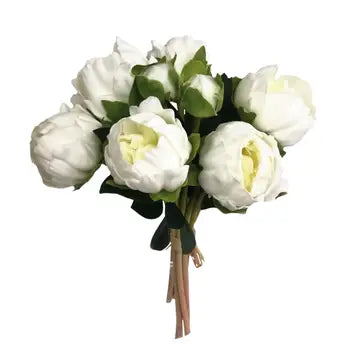 10.5 inch real touch peony bundle with 8 ivory flowers featuring 2.5 inch blooms and 1 inch buds for wedding centerpieces