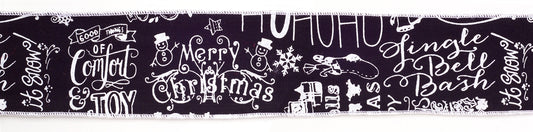 Black and white wired holiday sentiment ribbon, set of 2 (4″ x 10 yd each) with “Ho Ho Ho”, “Merry Christmas”, “Comfort & Joy”, “Jingle Bell Bash”