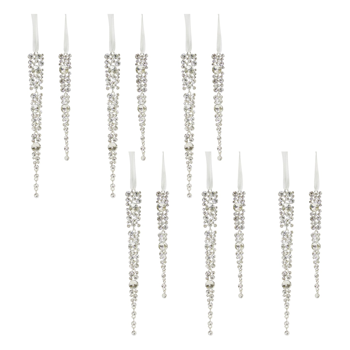 The full set of 12 sparkling jeweled icicle ornaments in two assorted sizes, laid out on a white surface.