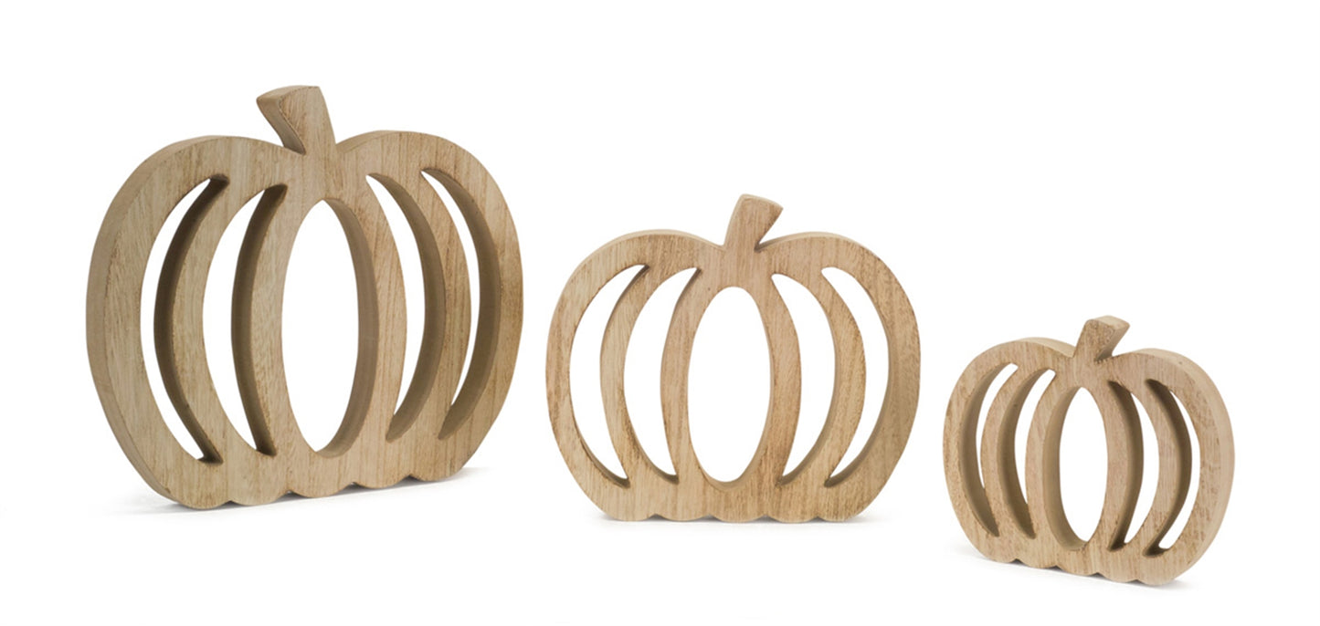Set of three assorted size natural wood pumpkin cutouts for rustic fall and Thanksgiving decor.
