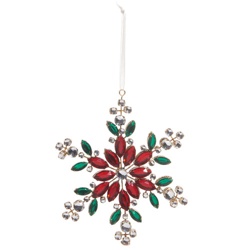 6-inch snowflake ornament with red and green jeweled accents for festive holiday décor