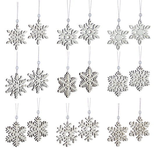 The full set of 18 rustic wooden snowflake ornaments, featuring 9 unique laser-cut designs with a white glitter finish and silver hanging strings.