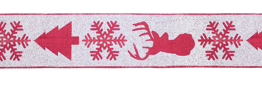 Red and white wired sentiment ribbon, set of 2 (4″ x 10 yd each) with deer, Christmas tree, and snowflake patterns