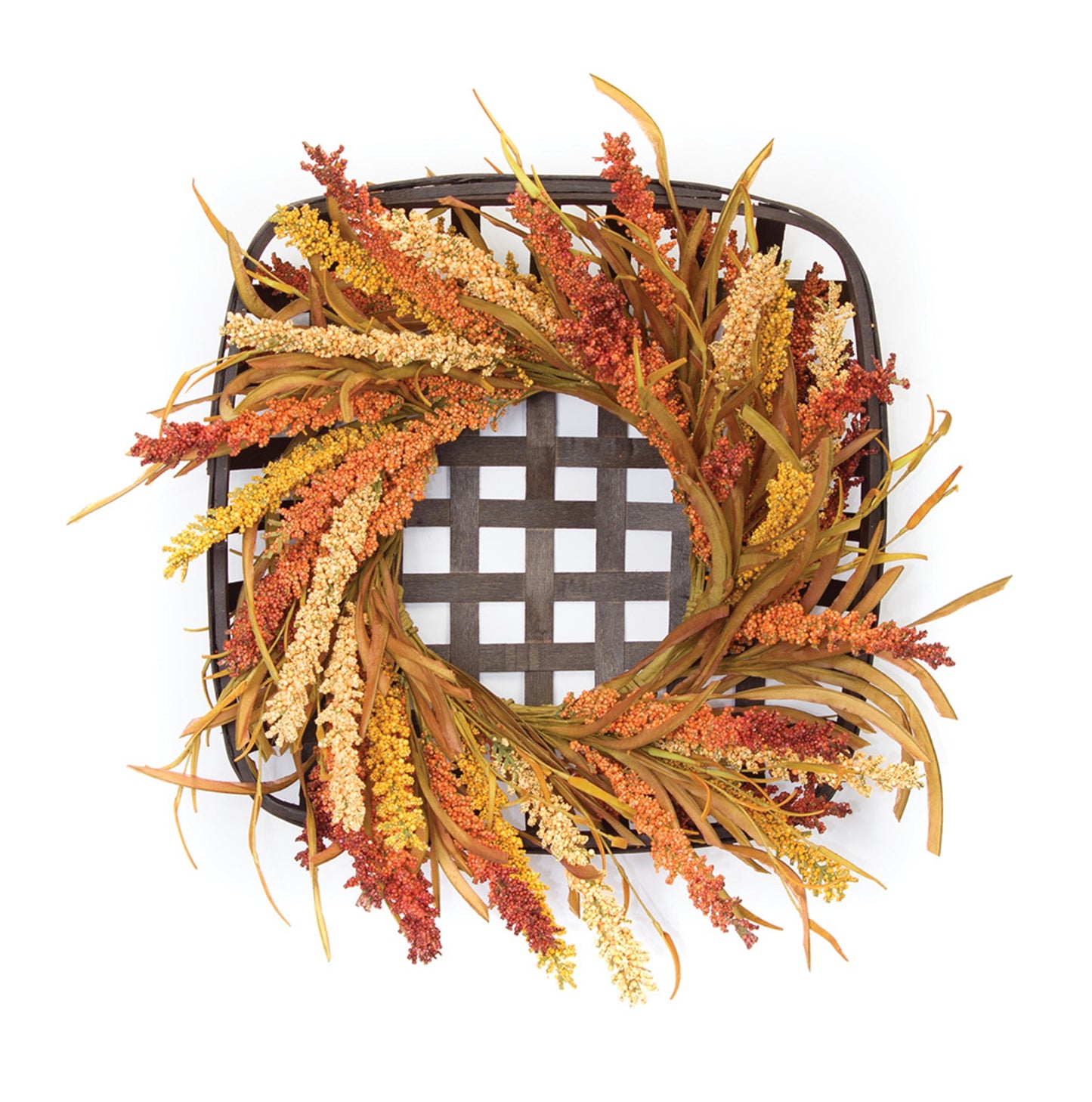 Square 20-inch woven wicker wreath with pampas grass in warm brown, orange, and beige tones