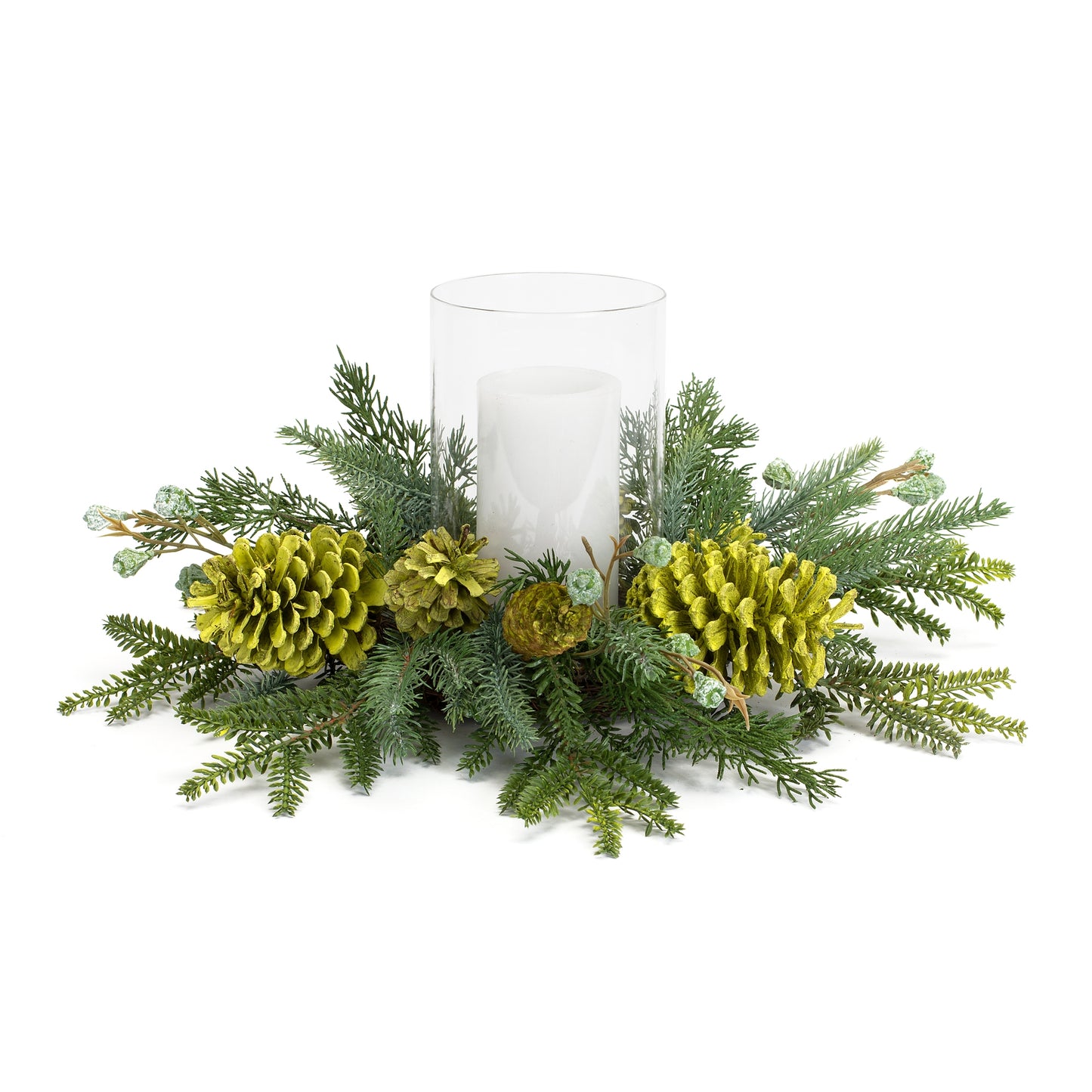 Mixed winter pine candle holder, 18″ diameter with pinecone accents and glass hurricane insert