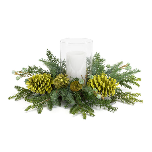 Mixed winter pine candle holder, 18″ diameter with pinecone accents and glass hurricane insert