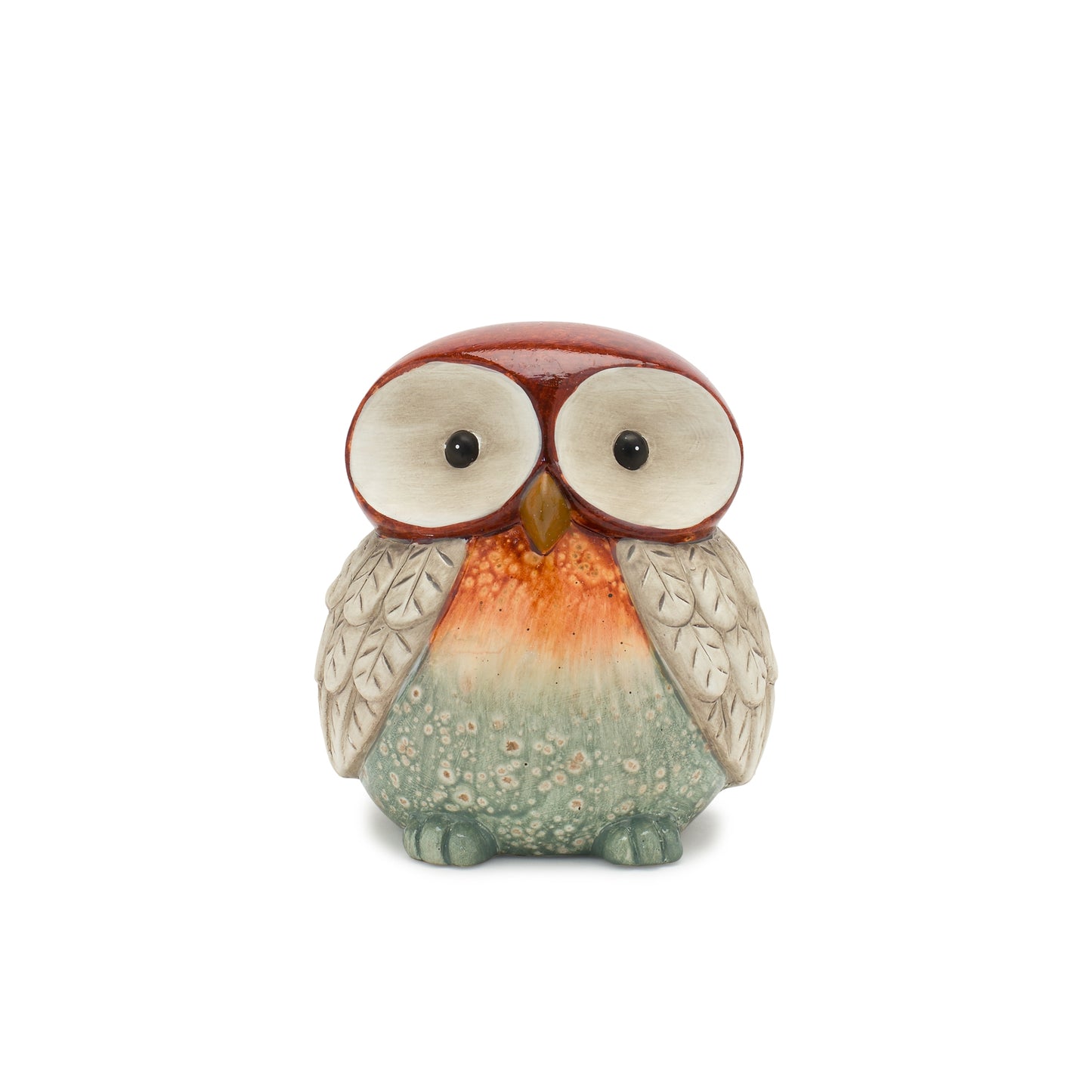 Set of four terra cotta owl figurines with glazed orange, green, and beige accents