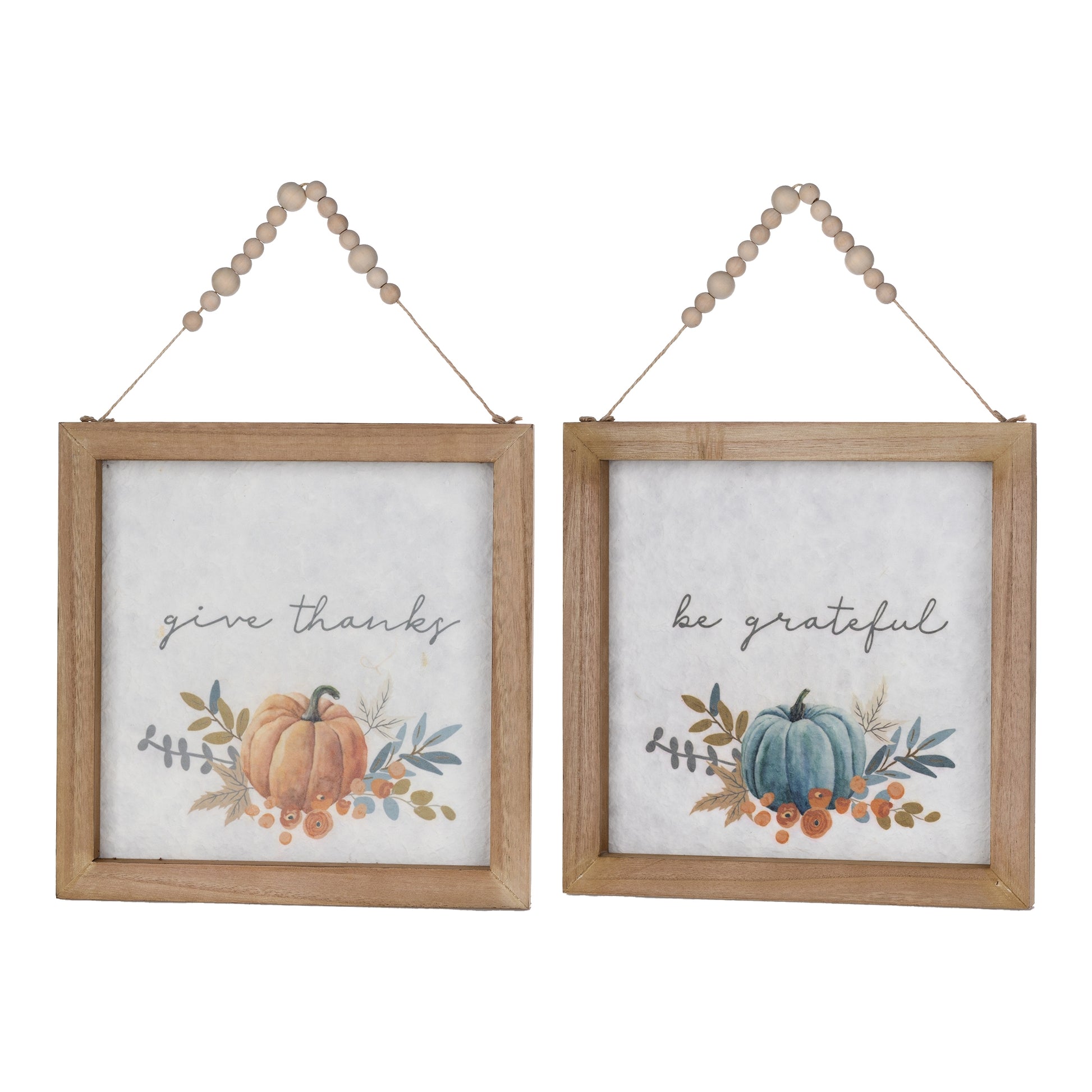 Set of two wood beaded hanging wall signs with “Give Thanks” and “Be Grateful” sentiments