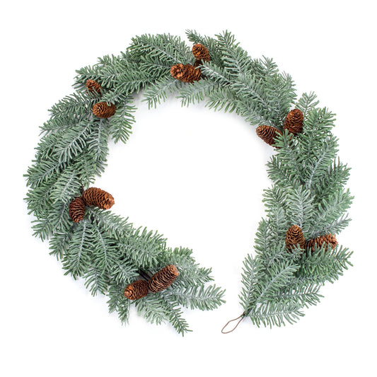 Set of two 5-foot winter pine garlands with pinecone accents for holiday mantel decorating and Christmas centerpieces