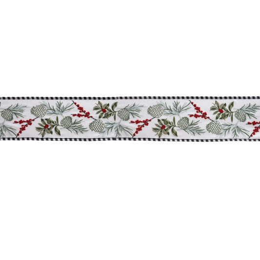 Pine berry wired ribbon, 4″ x 5 yd roll, featuring white, green, and red pine and berry design—ideal for holiday décor and crafts