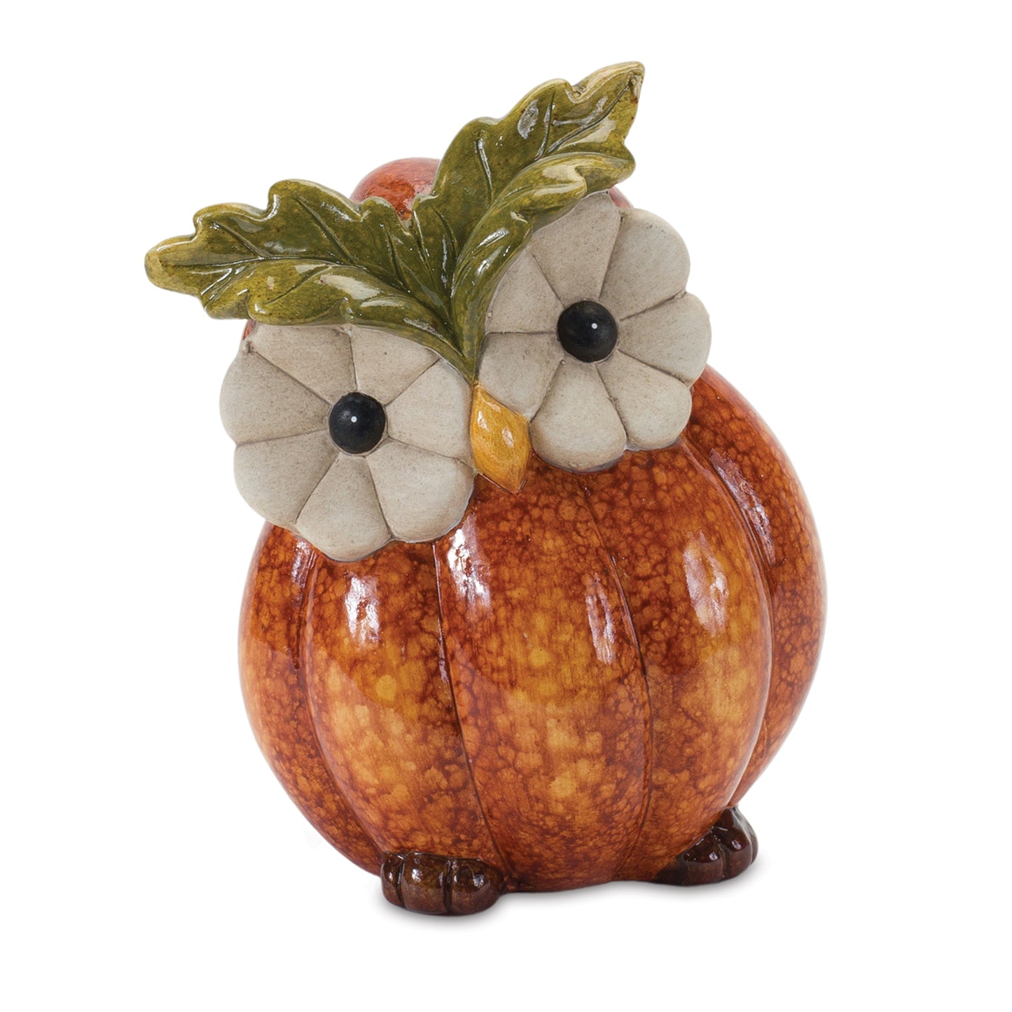 Two terra cotta owl figurines with pumpkin and leaf accents for fall décor