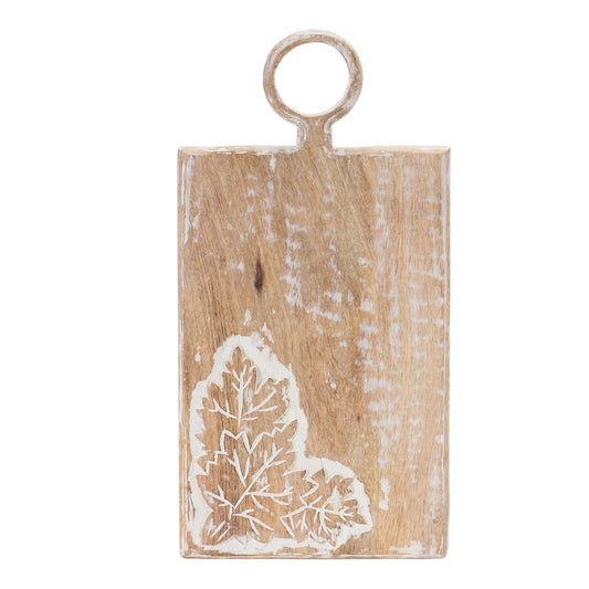 Set of two 16-inch mango wood cutting boards with carved leaf design and white-washed finish