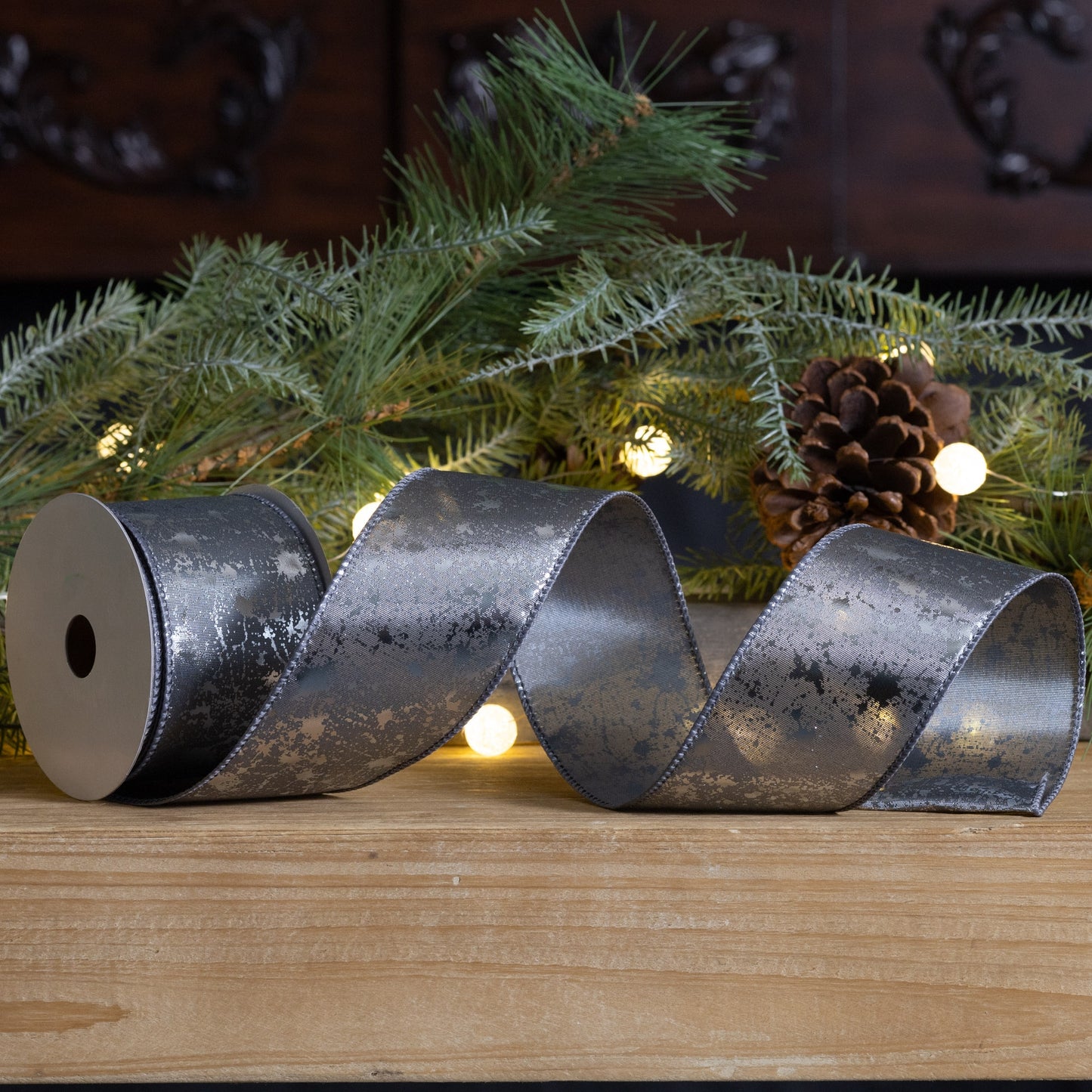 Grey distressed wired polyester ribbon, set of 2 (2.5″ x 10 yd each), premium wired edge for shaping wreaths, bows, and holiday décor