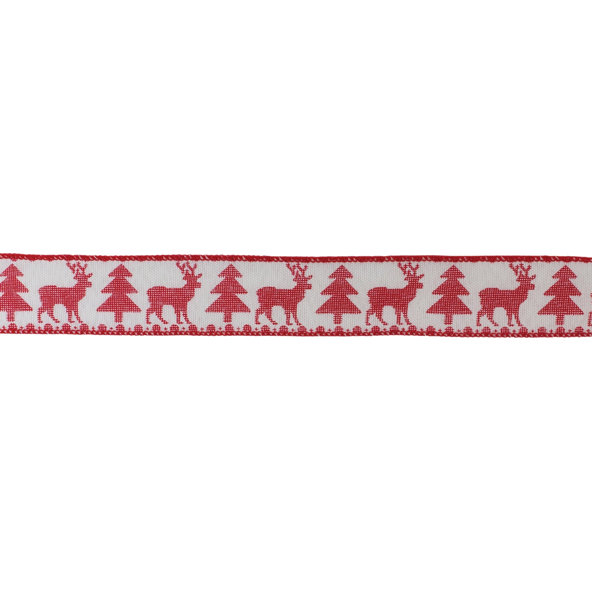 Red and white wired ribbon with deer and Christmas tree pattern, set of 2 (2.5″ x 10 yd each), wired edges for bows, wreaths, and holiday décor
