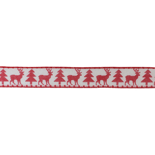 Red and white wired ribbon with deer and Christmas tree pattern, set of 2 (2.5″ x 10 yd each), wired edges for bows, wreaths, and holiday décor