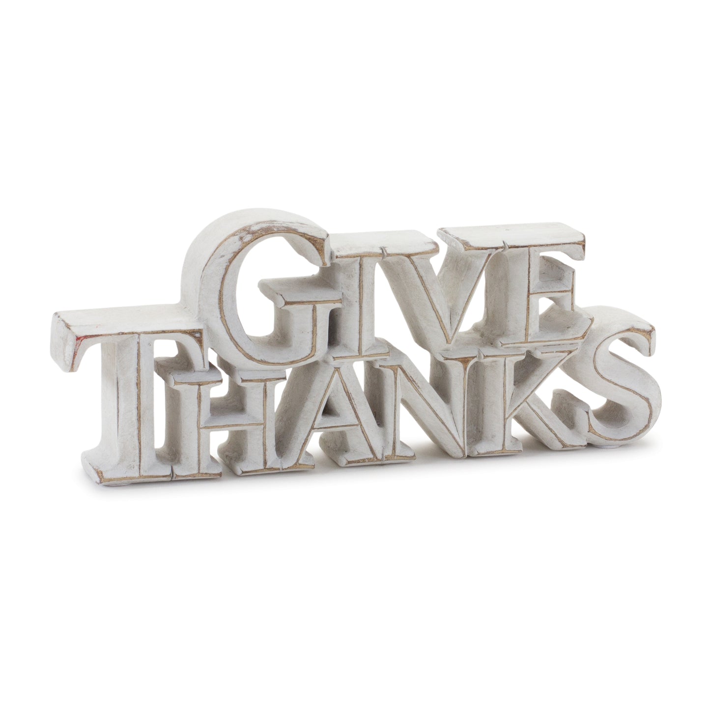 Two white-washed tabletop resin signs reading “Happy Harvest” and “Give Thanks”