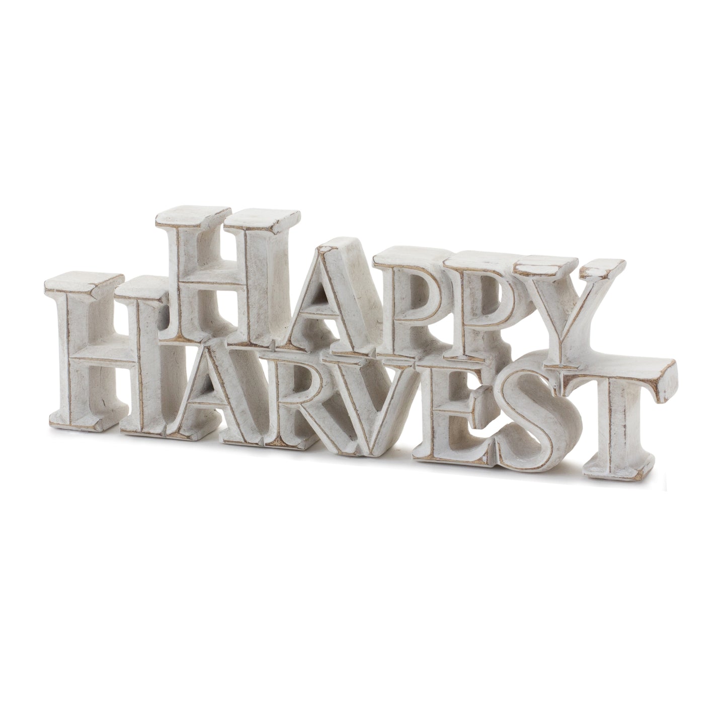 Two white-washed tabletop resin signs reading “Happy Harvest” and “Give Thanks”