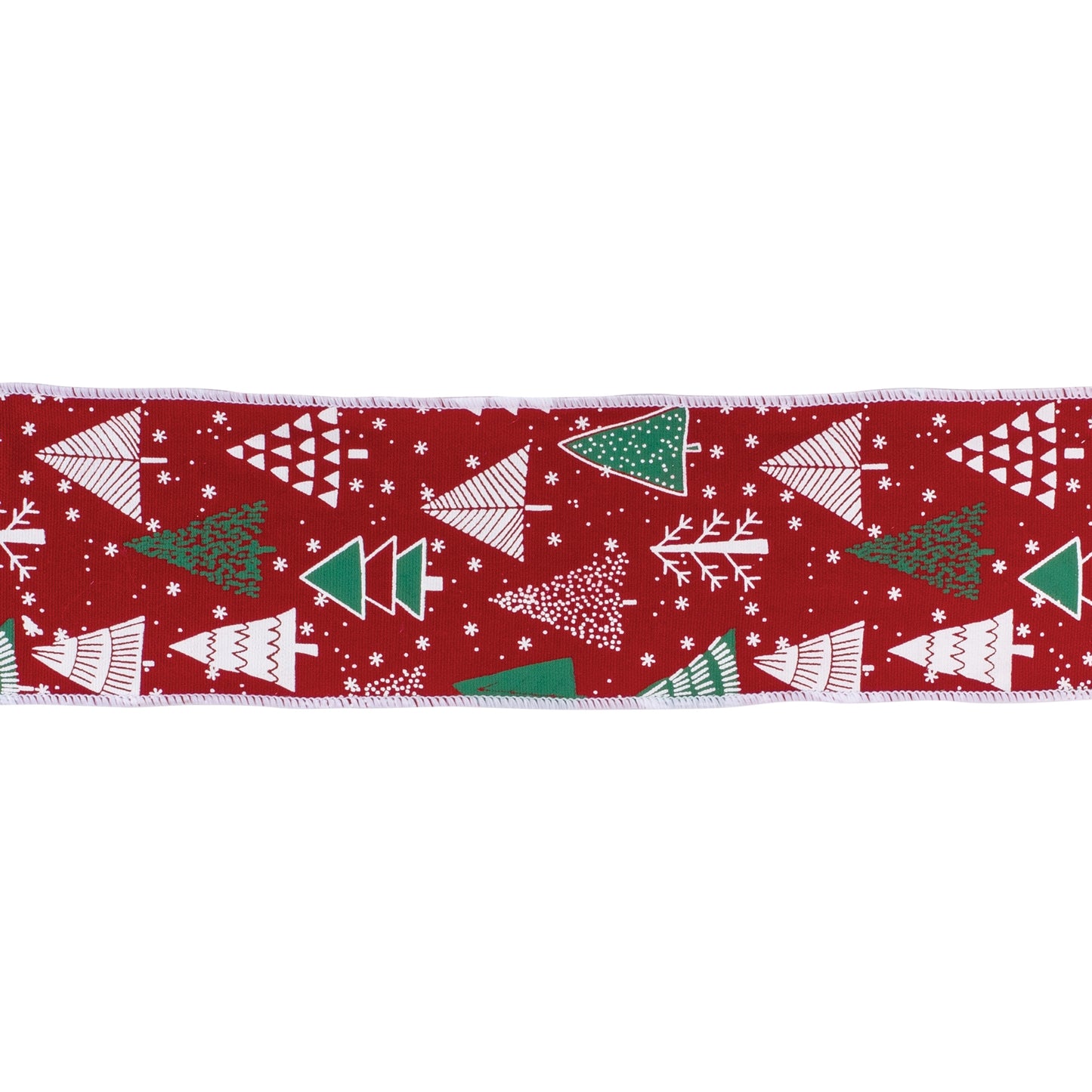 Holiday 4″ × 10 yd wired cotton ribbon with red and green Christmas tree design—ideal for bows, wreaths, and gift crafts
