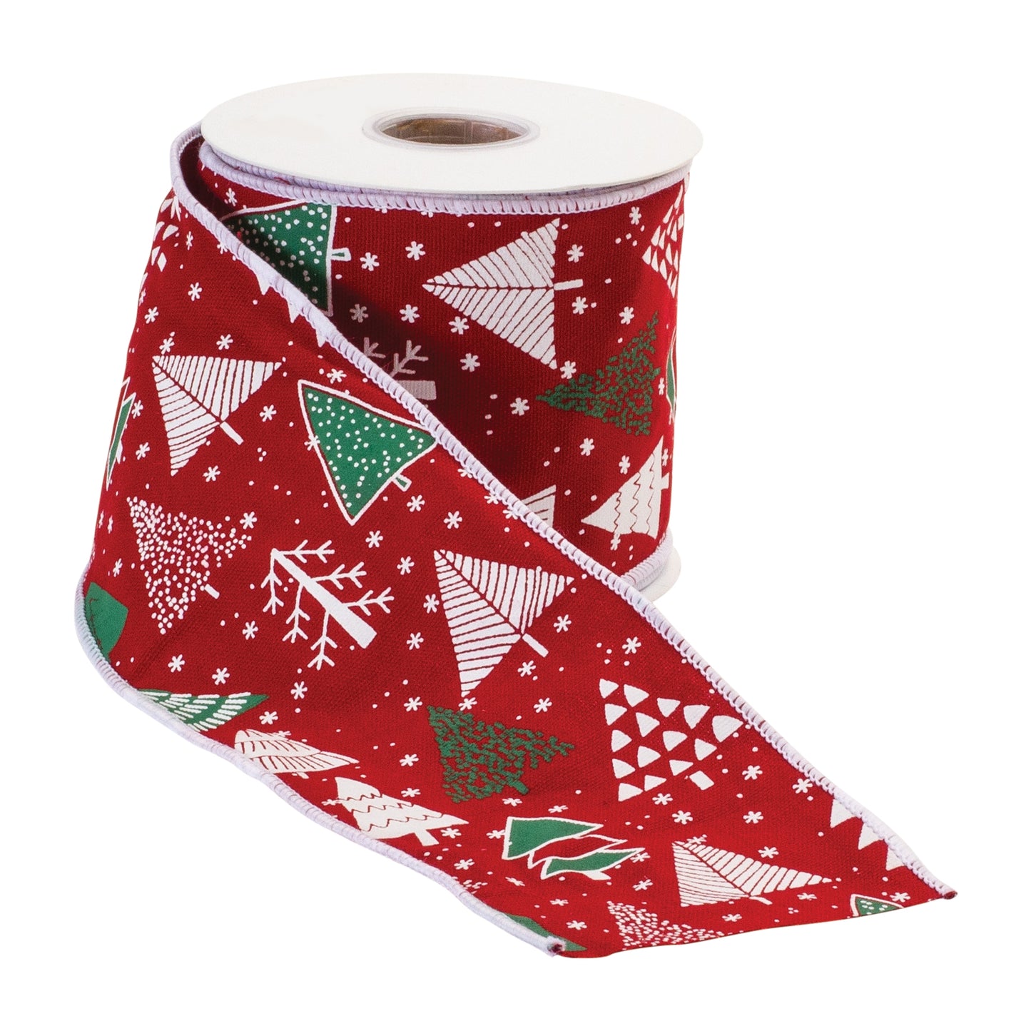 Holiday 4″ × 10 yd wired cotton ribbon with red and green Christmas tree design—ideal for bows, wreaths, and gift crafts