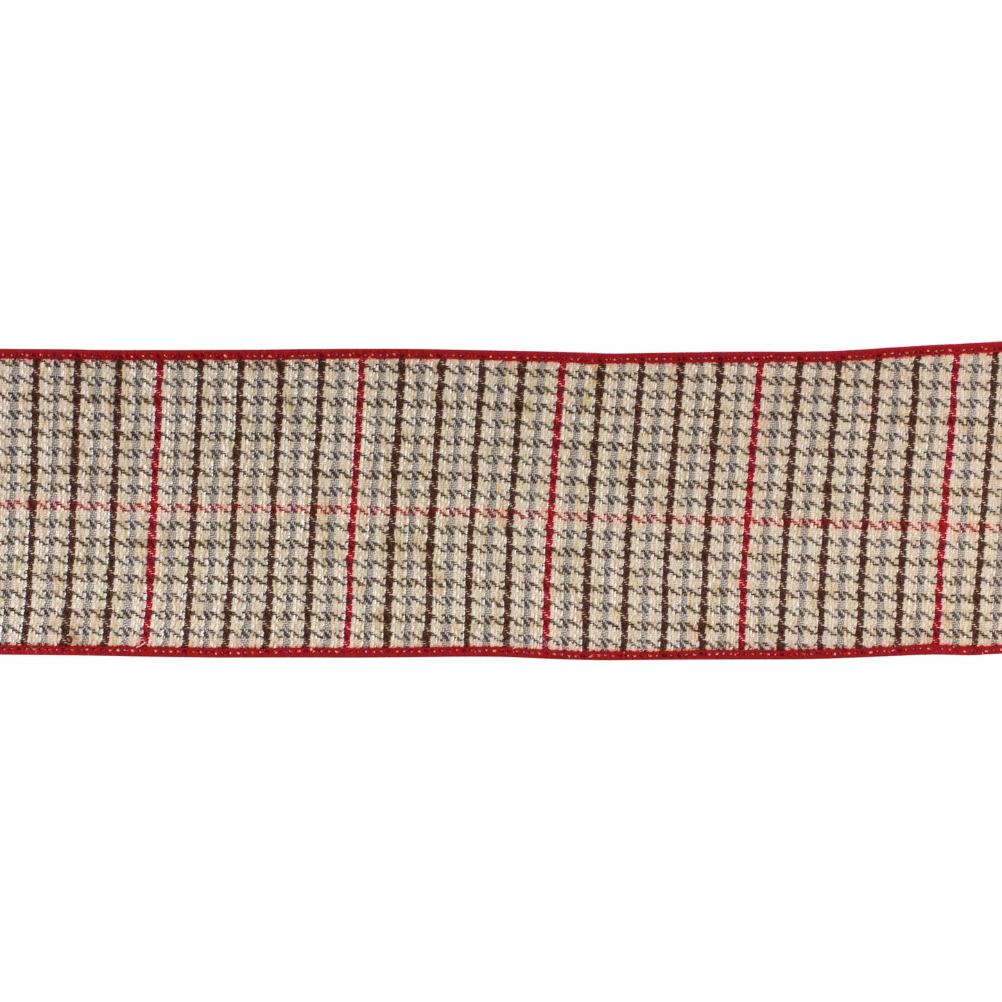 Wired polyester ribbon, 4″ × 10 yds, with red, green and beige plaid pattern—ideal for holiday bows, wreaths, and seasonal decorating