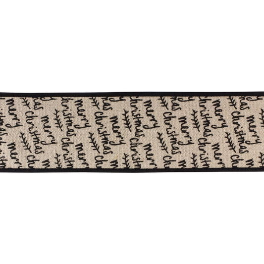 Wired cotton ribbon 4″ × 5 yd featuring black and beige “Merry Christmas” text—perfect for bows, wreaths, and festive crafts