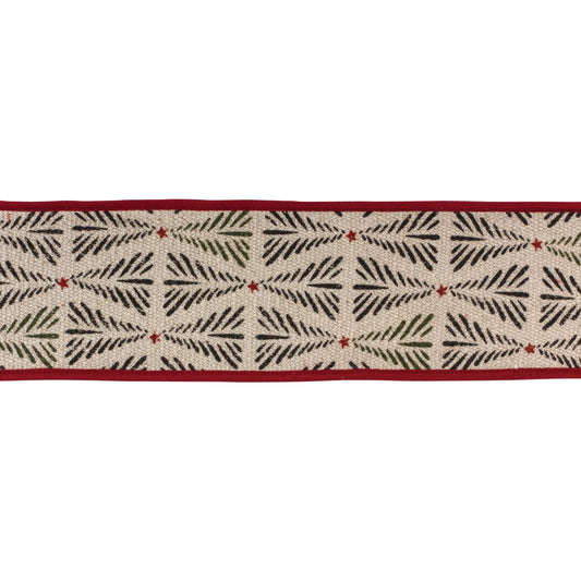 4″ × 5 yd wired cotton ribbon with rustic black & beige pine tree pattern—ideal for holiday bows, wreaths, and craft projects