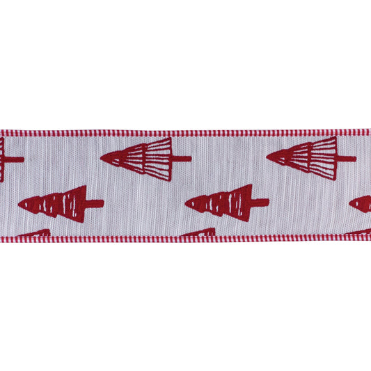 4″ × 5 yd wired polyester ribbon featuring a red and white holiday tree pattern—ideal for bows, wreaths, and seasonal crafts