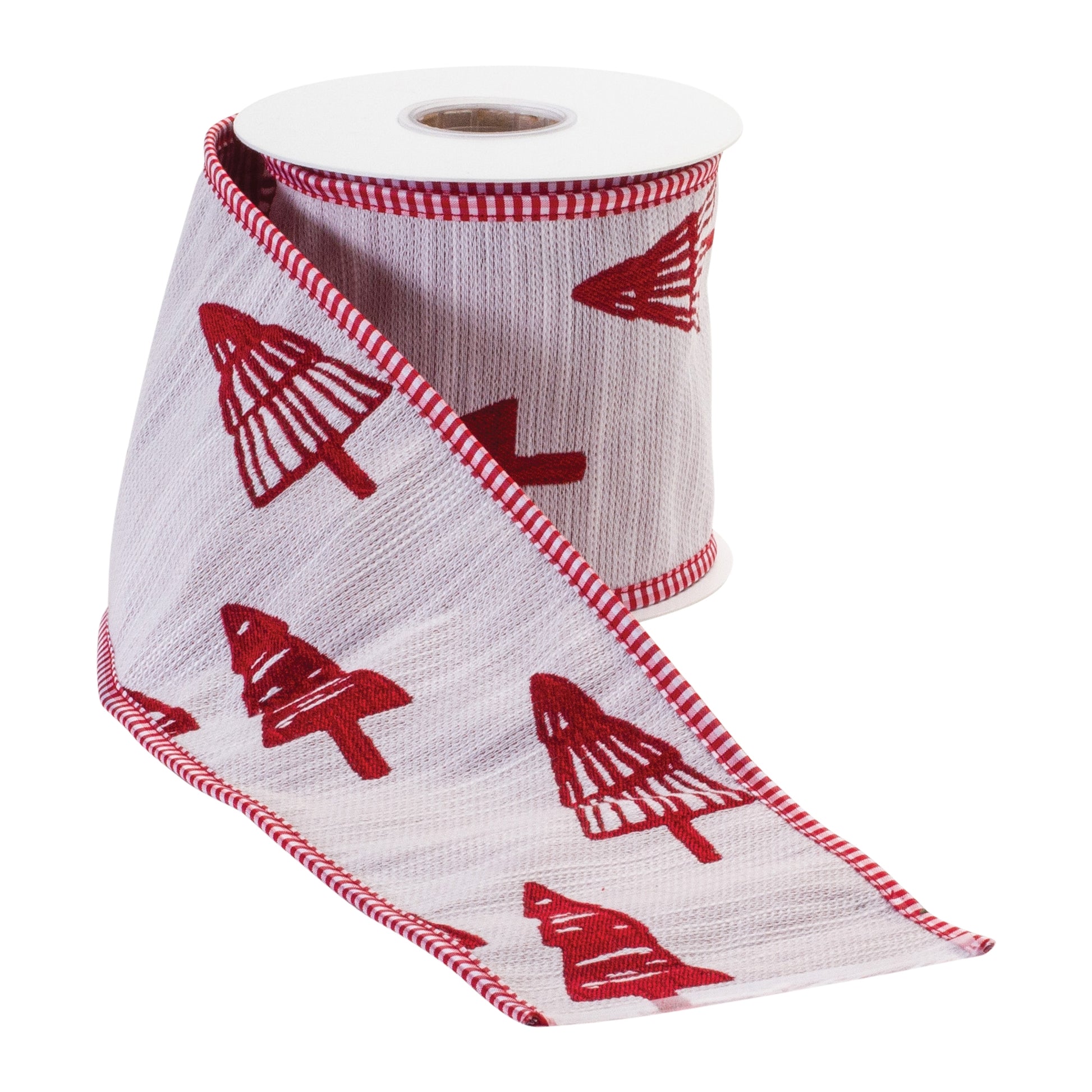 4″ × 5 yd wired polyester ribbon featuring a red and white holiday tree pattern—ideal for bows, wreaths, and seasonal crafts